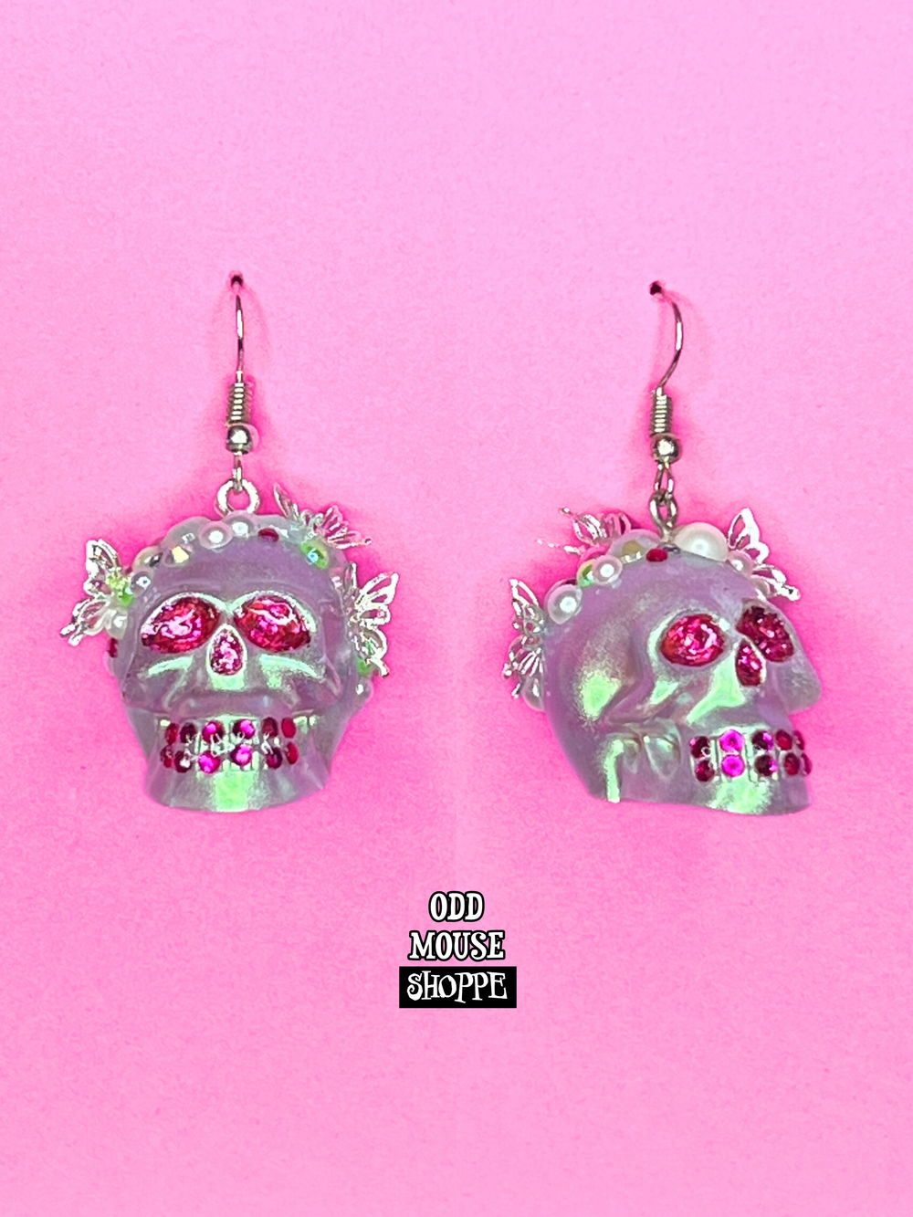 Skull Earrings Green Sheen Pink