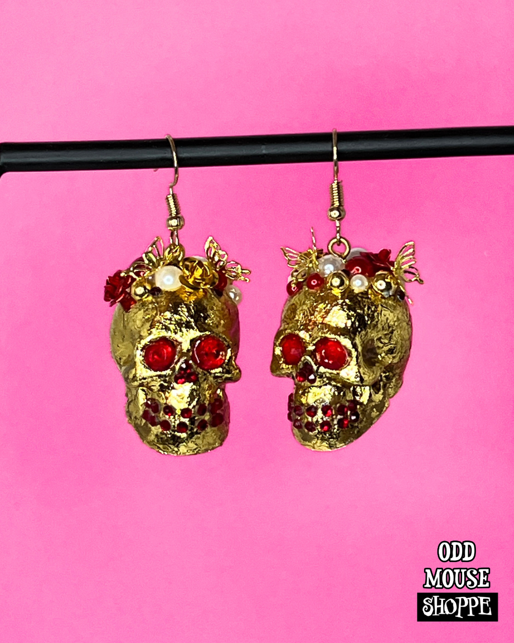 Skull Earrings Gold Foil Red
